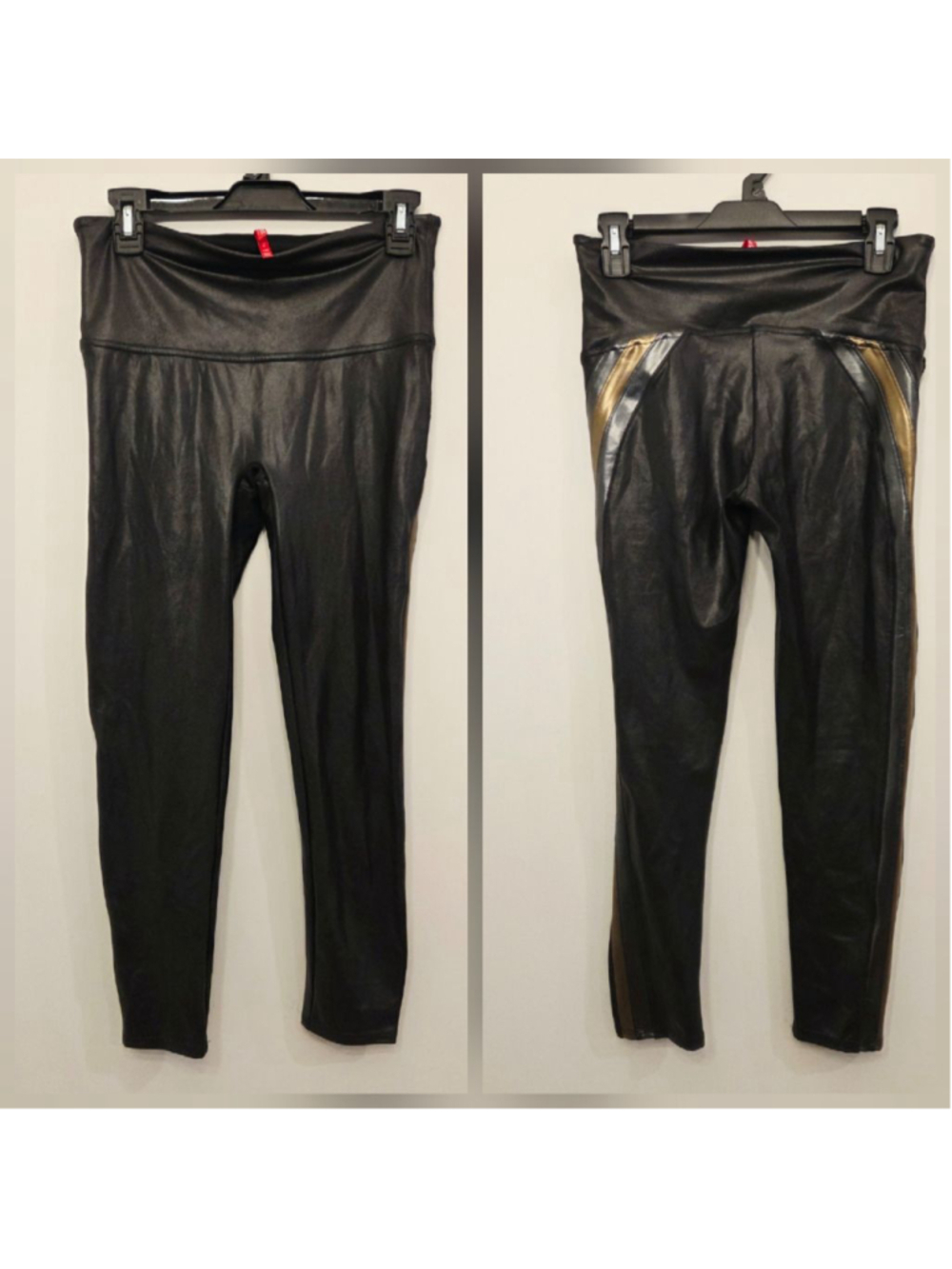 Spanx faux leather metallic striped leggings size large
